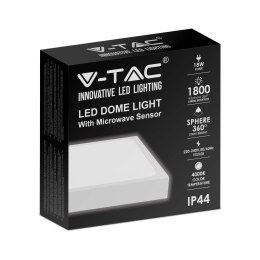 Plafon V-TAC 18W LED Kwadrat IP44 Czujnik Ruchu Mikrofalowy 23x23cm Biały VT-8618SW-SQ 4000K 1800lm