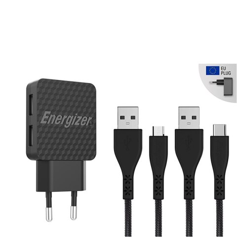 Energizer HardCase - Kompaktowa ładowarka sieciowa 2x USB-A + Kabel USB-C & Micro USB (Czarny) dożywotnia gwarancja