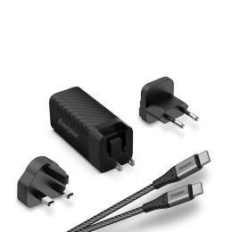 Energizer Ultimate - Ładowarka sieciowa podróżna Multiplug EU / UK / US GaN USB-C & USB-A 65W PD + Kabel USB-C (Czarny)