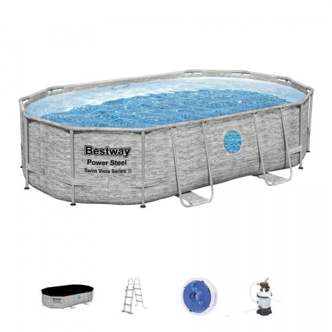 Basen stelażowy Power Steel Swim Vista z oknem 488x305x107 16x10FT BESTWAY 6w1 + Pompa piaskowa