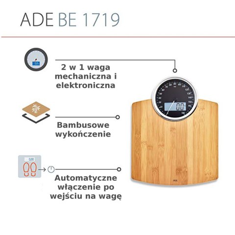 ADE BE1719 LUNA Waga łazienkowa bambusowa, cyfrowo-mechaniczna, do 180 kg ADE BE1719 LUNA Waga łazienkowa bambusowa, cyfrowo-mechaniczna, do 180 kg