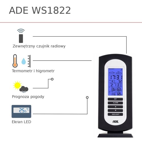 ADE WS1822 Stacja pogody z budzikiem i kalendarzem, cyfrowa, czujnik zewnętrzny ADE WS1822 Stacja pogody z budzikiem i kalendarzem, cyfrowa, czujnik zewnętrzny