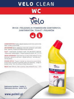 VELO CLEAN WC 1l Żel myjąco-wybielający przeznaczony do mycia sanitariatów, powierzchni zmywalnych oraz bielenia tkanin