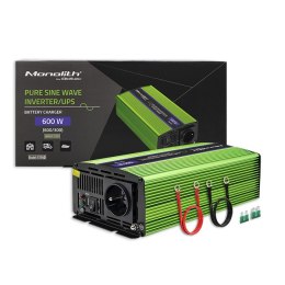 Qoltec Przetwornica napięcia Monolith | ładowanie baterii | UPS | 300W | 600W | 12V na 230V | Czysty Sinus