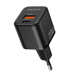 Ładowarka sieciowa Rocoren USB-C, USB, Power Delivery, MiniGaN, 20W (czarna)