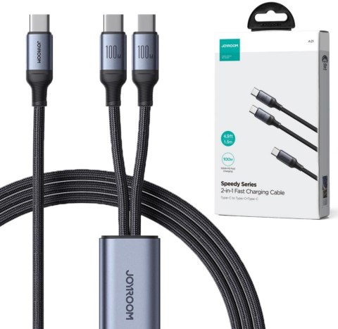 Kabel 2w1 USB-C / 2x USB-C Joyroom Speedy SA21-1T2 150cm 100W w oplocie czarny