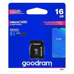 Goodram Karta pamięci Micro Secure Digital Card, 16GB, micro SDHC, M1AA-0160R12, UHS-I U1 (Class 10), z adapterm