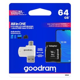 Goodram Karta pamięci Micro Secure Digital Card All-In-ON, 64GB, multipack, M1A4-0640R12, UHS-I U1 (Class 10), ALL in One z czyt