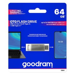 Goodram USB flash disk, USB 3.0, 64GB, ODA3, srebrny, ODA3-0640S0R11, USB A / USB C, z obrotową osłoną