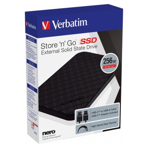 SSD zewnętrzny Verbatim Store N Go, 53249, 256GB, czarny, USB-A/Micro-B, z adapterem USB-A na USB-C(TM), 2.5", USB 3.2 Gen 1