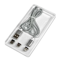 Kabel USB z zestawem końcówek (2.0), USB A M - microUSB (M) + Apple Lightning (M) + USB C (M), 1m, przewód okrągły w oplocie, sr