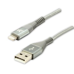 Logo USB kabel (2.0), USB A M - Apple Lightning M, 1m, MFi certifikat, 5V/2,4A, srebrny, box, oplot nylonowy, aluminiowa osłona 