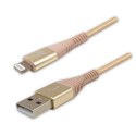 Logo USB kabel (2.0), USB A M - Apple Lightning M, 1m, MFi certifikat, 5V/2,4A, złoty, box, oplot nylonowy, aluminiowa osłona zł