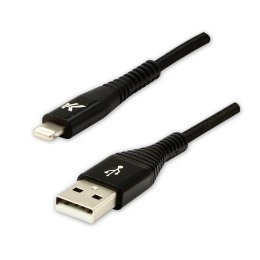 Logo USB kabel (2.0), USB A M - Apple Lightning M, 2m, MFi certifikat, 5V/2,4A, czarny, box, oplot nylonowy, aluminiowa osłona z