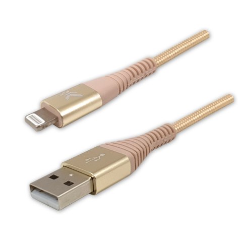 Logo USB kabel (2.0), USB A M - Apple Lightning M, 2m, MFi certifikat, 5V/2,4A, złoty, box, oplot nylonowy, aluminiowa osłona zł