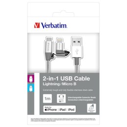 Verbatim USB kabel (2.0), USB A M - microUSB (M) + Apple Lightning (M), 1m, srebrny, box, 48869, 2 w 1 - regulowane złącze Light