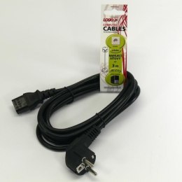 Kabel sieciowy 230V zasilacz, CEE7 (widelec) - C13, 3m, VDE approved, czarny, Logo