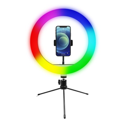 Powerton lampa pierścieniowa 10 ", RGB LED, niska, regulacja barwy i intensywności światła, uchwyt telefonu i tripod