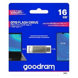 Goodram USB flash disk, USB 3.0, 16GB, ODA3, srebrny, ODA3-0160S0R11, USB A / USB C, z obrotową osłoną