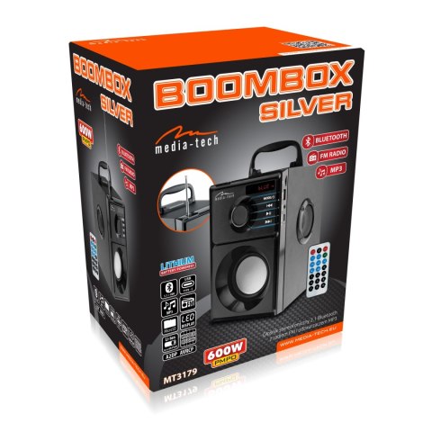 BOOMBOX SILVER - Kompaktowy głośnik Bluetooth stereo z wbudowanym wooferem, 600W PMPO. FM, MP3. Wbudowany akumulator. Pilot. Kol BOOMBOX SILVER - Kompaktowy głośnik Bluetooth stereo z wbudowanym wooferem, 600W PMPO. FM, MP3. Wbudowany akumulator. Pilot. Kol