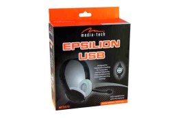 EPSILION USB - Słuchawki stereo z mikrofonem, złącze USB, pilot na kablu z regulacją dźwięku i mikrofonu.