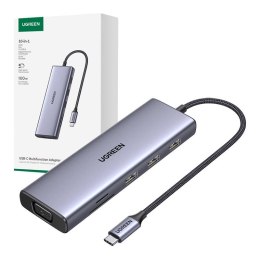 Hub USB-C Ugreen CM498, 3x USB 3.0, HDMI 4k 30Hz, VGA, RJ45, SD/TF, PD 100W (szary)