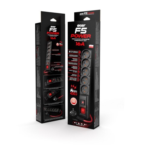 FILTR PRZECIWPRZEPIĘCIOWY ACAR F5 czarny 10m POWER 16A czerwony przewód W2301 FILTR PRZECIWPRZEPIĘCIOWY ACAR F5 czarny 10m POWER 16A czerwony przewód W2301