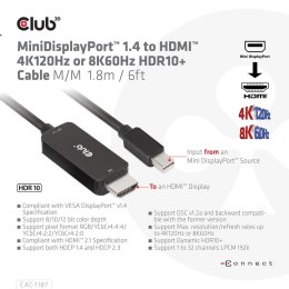 CLUB3D CAC-1187 adapter kablowy 1,8 m Mini DisplayPort HDMI Czarny