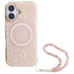 Guess IML Flowers Allover Electro With Pearl Strap MagSafe - Etui iPhone 16 (różowy)