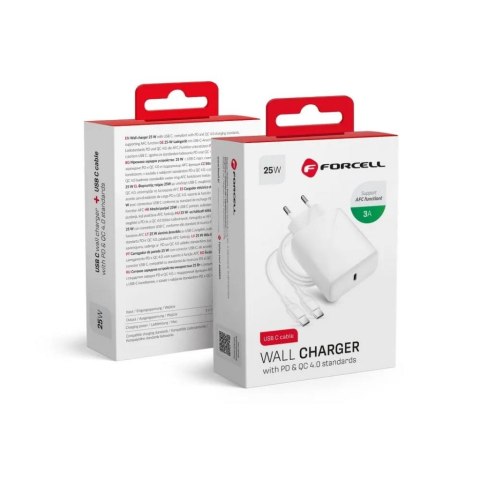 Ładowarka Sieciowa Forcell USB TYPC 3A 25W z funkcją ładowania PD i QC 4.0 + odpinany kabel TYPC 1M Ładowarka Sieciowa Forcell USB TYPC 3A 25W z funkcją ładowania PD i QC 4.0 + odpinany kabel TYPC 1M