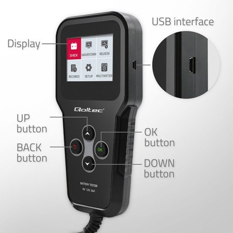 Qoltec Cyfrowy tester akumulatora 3w1 z LCD | Polskie Menu | 6V | 12V | 24V | 10Ah-200Ah Qoltec Cyfrowy tester akumulatora 3w1 z LCD | Polskie Menu | 6V | 12V | 24V | 10Ah-200Ah