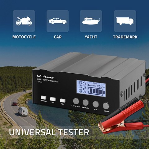 Qoltec Inteligentna mikroprocesorowa ładowarka 12V | 12.6V | 24V | Prostownik z funkcją naprawy do AGM GEL | LCD Qoltec Inteligentna mikroprocesorowa ładowarka 12V | 12.6V | 24V | Prostownik z funkcją naprawy do AGM GEL | LCD