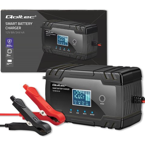 Qoltec Inteligentna mikroprocesorowa ładowarka 12V 8A | 24V 4A| Prostownik z funkcją naprawy do akumulatora AGM GEL | LCD Qoltec Inteligentna mikroprocesorowa ładowarka 12V 8A | 24V 4A| Prostownik z funkcją naprawy do akumulatora AGM GEL | LCD