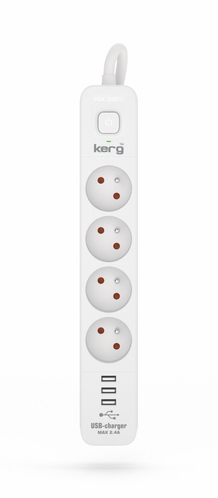 Urządz. zas.-zabezpiecz. KERG z wyłącznikiem-4 gniazda-3USB-biało-szary-1,5m-16A-H05VV-F-3x1,5mm2