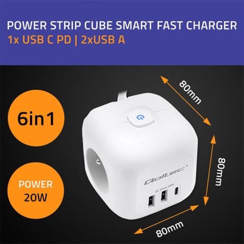 Qoltec Kostka zasilająca przedłużacz 6w1 z podświetlanym włącznikiem | 3x AC | 2x USB | 1x USB-C PD 20W | Biała | Kabel 2m Qoltec Kostka zasilająca przedłużacz 6w1 z podświetlanym włącznikiem | 3x AC | 2x USB | 1x USB-C PD 20W | Biała | Kabel 2m