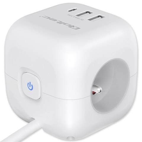Qoltec Kostka zasilająca przedłużacz 6w1 z podświetlanym włącznikiem | 3x AC | 2x USB | 1x USB-C PD 20W | Biała | Kabel 2m Qoltec Kostka zasilająca przedłużacz 6w1 z podświetlanym włącznikiem | 3x AC | 2x USB | 1x USB-C PD 20W | Biała | Kabel 2m