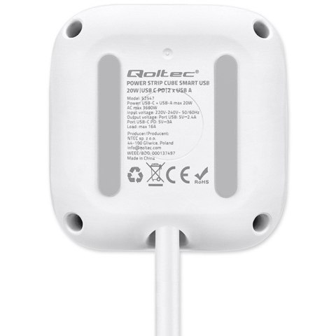 Qoltec Kostka zasilająca przedłużacz 6w1 z podświetlanym włącznikiem | 3x AC | 2x USB | 1x USB-C PD 20W | Biała | Kabel 2m Qoltec Kostka zasilająca przedłużacz 6w1 z podświetlanym włącznikiem | 3x AC | 2x USB | 1x USB-C PD 20W | Biała | Kabel 2m