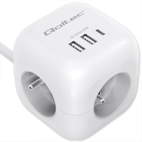 Qoltec Kostka zasilająca przedłużacz 6w1 z podświetlanym włącznikiem | 3x AC | 2x USB | 1x USB-C PD 20W | Biała | Kabel 2m Qoltec Kostka zasilająca przedłużacz 6w1 z podświetlanym włącznikiem | 3x AC | 2x USB | 1x USB-C PD 20W | Biała | Kabel 2m