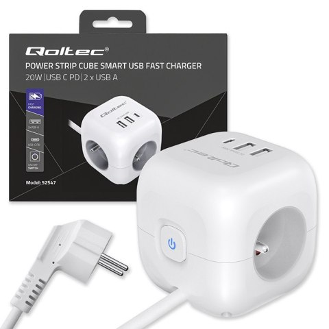 Qoltec Kostka zasilająca przedłużacz 6w1 z podświetlanym włącznikiem | 3x AC | 2x USB | 1x USB-C PD 20W | Biała | Kabel 2m Qoltec Kostka zasilająca przedłużacz 6w1 z podświetlanym włącznikiem | 3x AC | 2x USB | 1x USB-C PD 20W | Biała | Kabel 2m