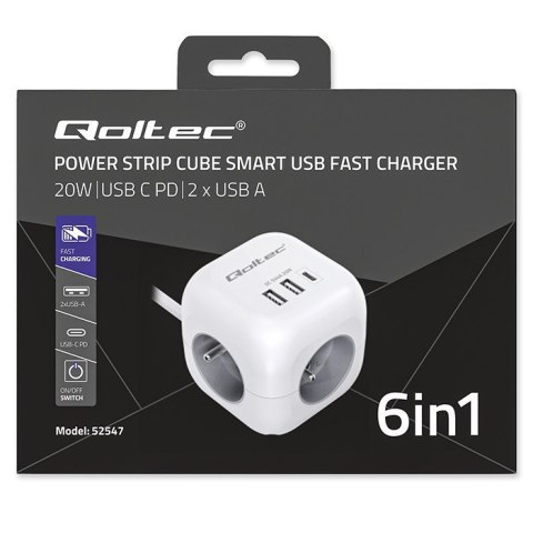 Qoltec Kostka zasilająca przedłużacz 6w1 z podświetlanym włącznikiem | 3x AC | 2x USB | 1x USB-C PD 20W | Biała | Kabel 2m Qoltec Kostka zasilająca przedłużacz 6w1 z podświetlanym włącznikiem | 3x AC | 2x USB | 1x USB-C PD 20W | Biała | Kabel 2m