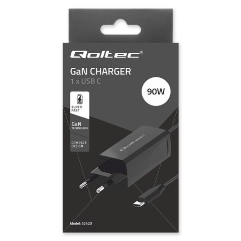 Qoltec Ładowarka sieciowa 90W GaN Super Fast | 5-20V | 3-4.5A | USB-C 3.1 | Laptop | Smartfon | Tablet Qoltec Ładowarka sieciowa 90W GaN Super Fast | 5-20V | 3-4.5A | USB-C 3.1 | Laptop | Smartfon | Tablet