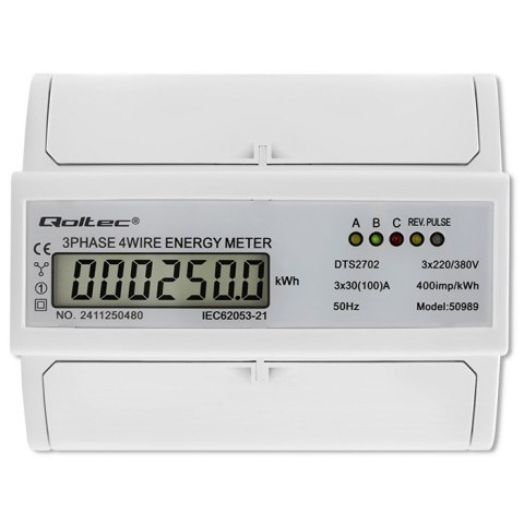 Qoltec Trójfazowy dwukierunkowy elektroniczny licznik | miernik zużycia energii na szynę DIN | 400V | 100A | LCD | 4P Qoltec Trójfazowy dwukierunkowy elektroniczny licznik | miernik zużycia energii na szynę DIN | 400V | 100A | LCD | 4P