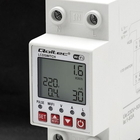 Qoltec Przekaźnik 63A na szynę DIN z licznikiem energii elektrycznej | Timer | Tuya | Wi-Fi | LED Qoltec Przekaźnik 63A na szynę DIN z licznikiem energii elektrycznej | Timer | Tuya | Wi-Fi | LED