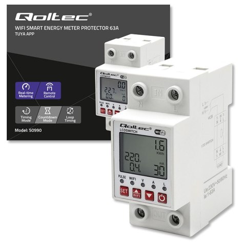 Qoltec Przekaźnik 63A na szynę DIN z licznikiem energii elektrycznej | Timer | Tuya | Wi-Fi | LED Qoltec Przekaźnik 63A na szynę DIN z licznikiem energii elektrycznej | Timer | Tuya | Wi-Fi | LED